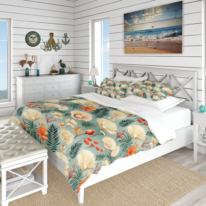 Croquis de coquillage à motif tropical I Literie, Housse de couette pour grand lit et 2 taies décor