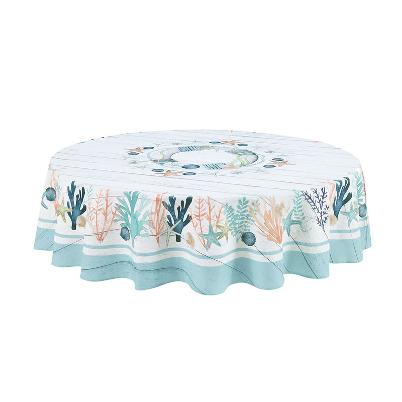 Coastal Reef Round Fabric Tablecloth in Off-White and Blue