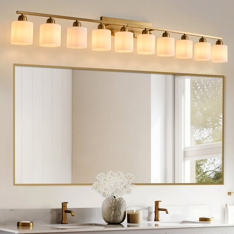  10-Light Dimmable Bathroom Vanity Light with Frosted Milk Glass Shades, Gold, 10 Lights