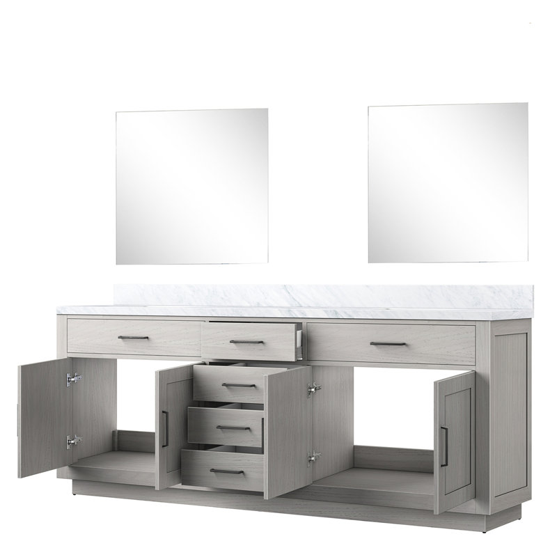 Meuble-lavabo double en chêne blanc 84 po L 22 po x P 22 po, plateau en marbre et 34 miroirs, tiroir à fermeture en douceur avec comptoir, tiroirs à miroir