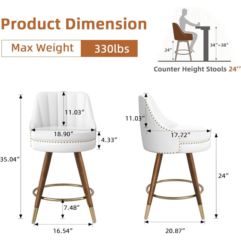 Markelian Counter Height Bar Stools with Backs, 24" Swivel Bar Stools with Wood Legs for Kitchen, 2, White/Gold