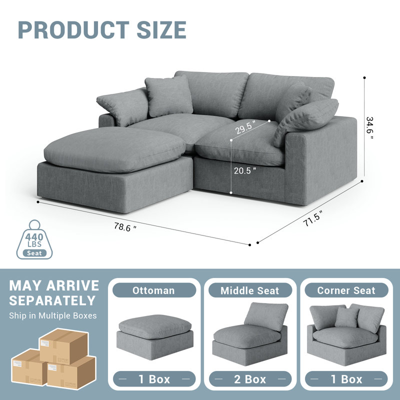 Cloud Couch Modular Sectional Sofa For Living Room, Oversized Comfy Down-Filled Cushion, Modern Upholstered Deep Seat Couches, Detachable Slipcover For Easy Cleaning