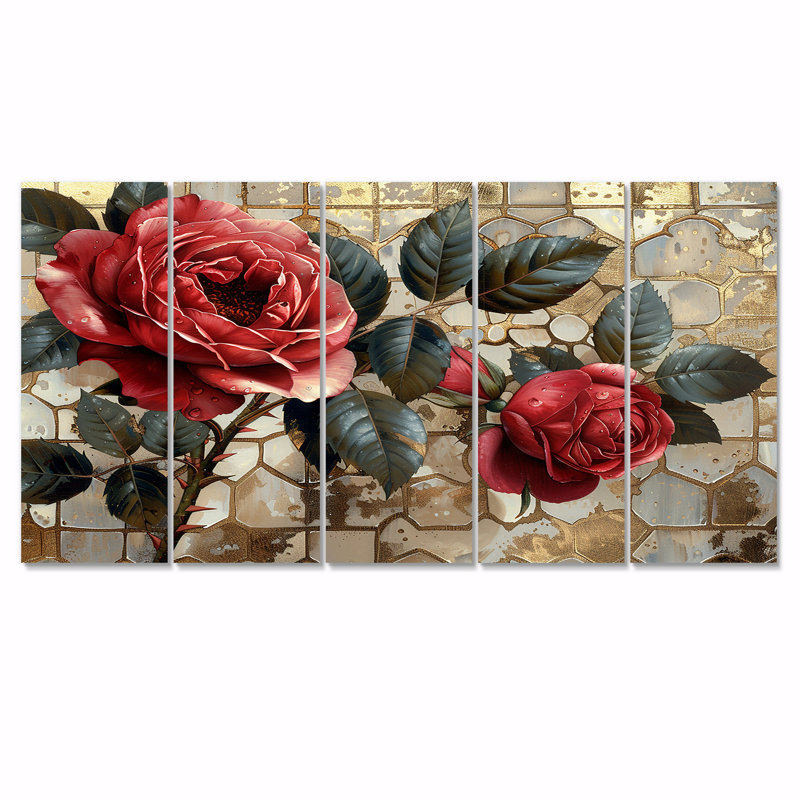 «Red Rose Vintage Silver Gold I - Roses», art mural 5 pièces, H 28 po x l 60 po