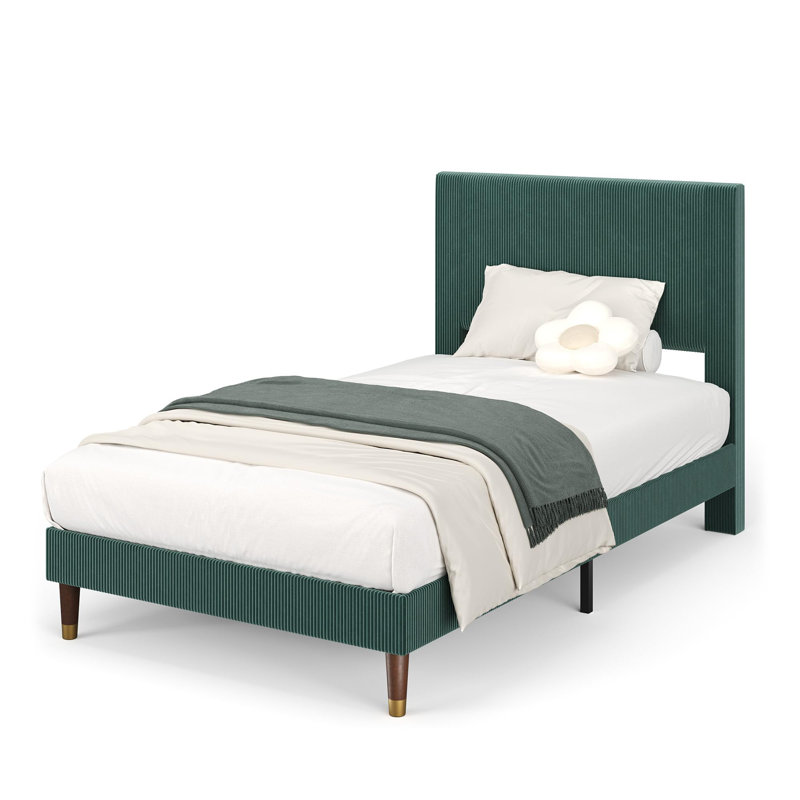Platform Bed Frame with Headboard, Comfy Corduroy Upholstered Bed Frame with Wooden Slats Support, No Box Spring Needed, Twin