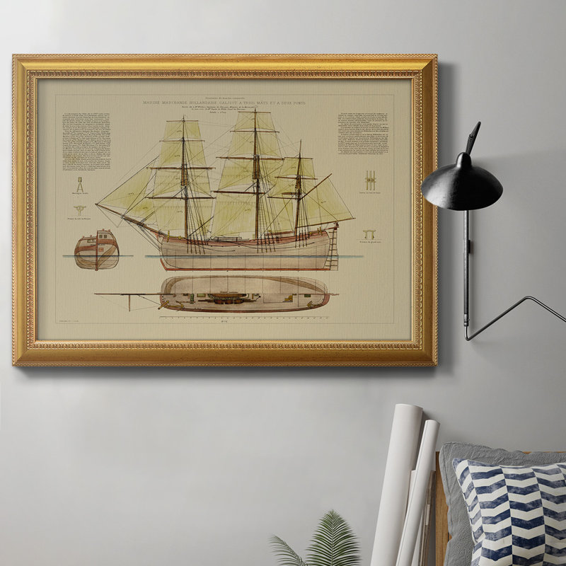 Toile encadrée de qualité supérieure Antique Ship Plan VII - prête à être accrochée, H 16 po x l 20 po x P 2,5 po
