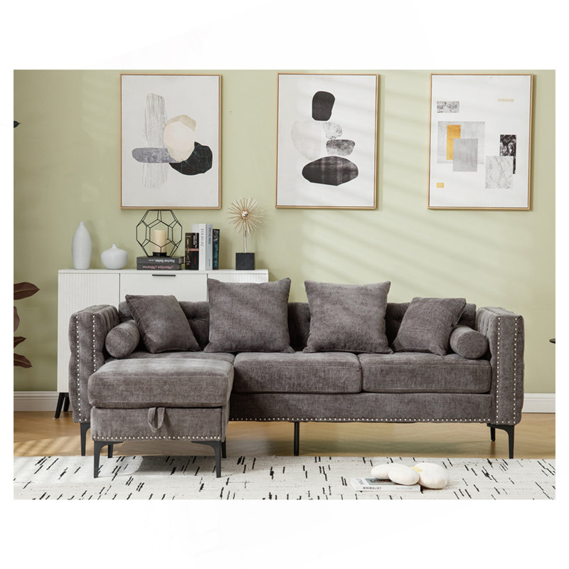 85" Chenille Tufted Sectional Sofa, Dark Gray