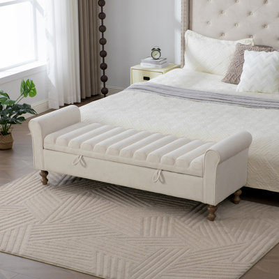 Velvety Modern Upholstered Storage Bench with Rolled Armrest and Rubberwood Legs