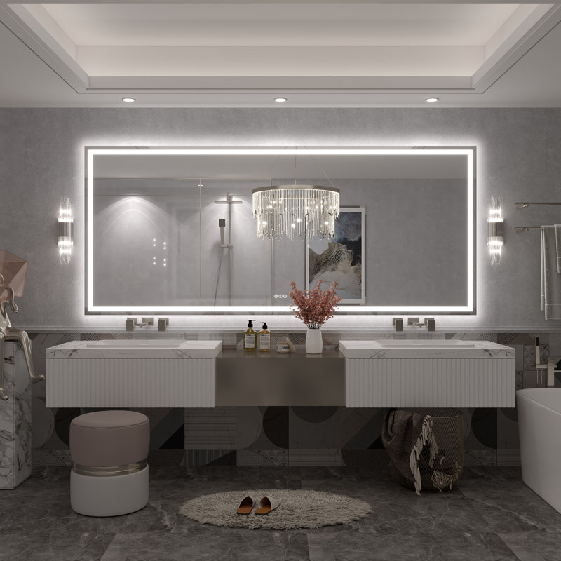Molly Framelss or Framed LED Anti-Fog Tempered Glass Wall Bathroom Vanity Mirror - UL Certified, 88" x 38", Clear