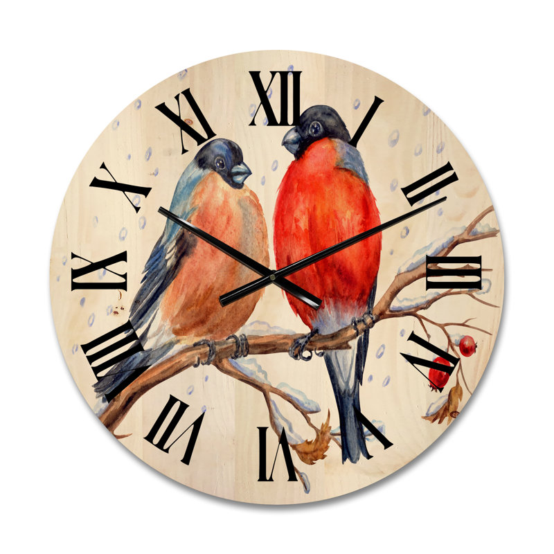 Horloge murale en bois deux bouvreuils sur une branche d'aubépine, Moyen