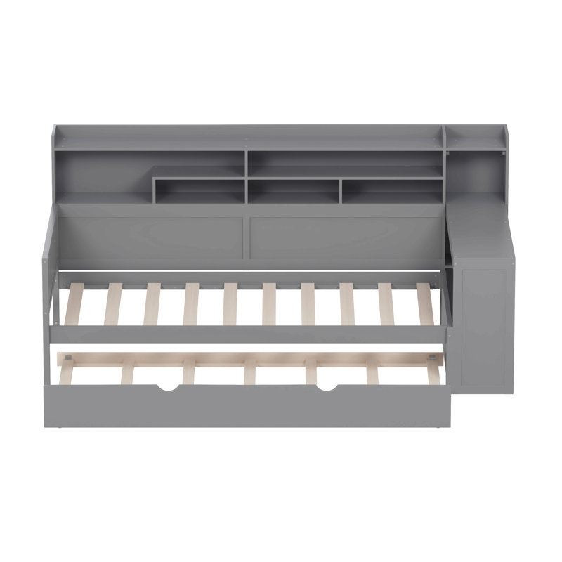 Lit de jour en bois avec tablettes de rangement, lit multifonctionnel avec deux tiroirs de rangement et bureau d'étude, Gris