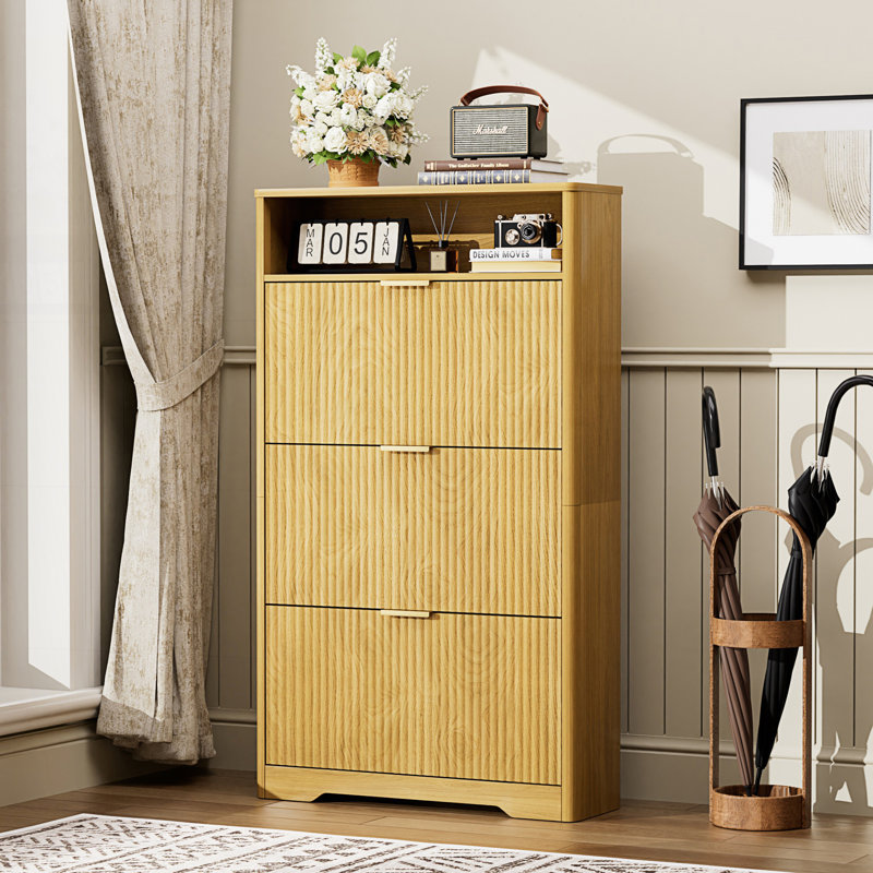 30 Pair Entryway Shoe Storage Cabinet With 3 Flip Drawers, Natural, 54.4" H x 31.6" W x 9.6" D