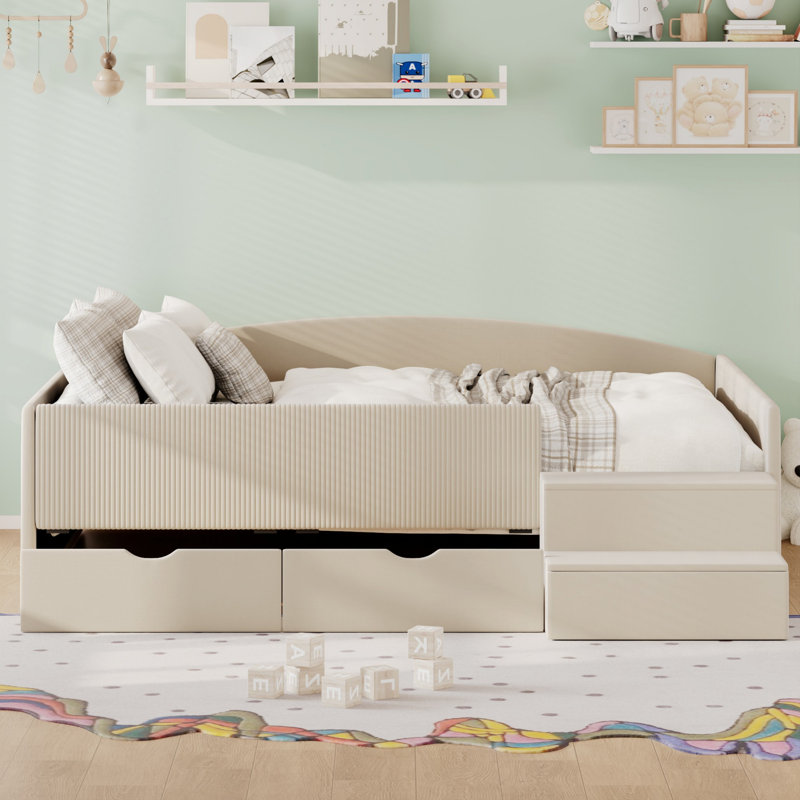 Structure de lit, structure de lit de jour rembourrée avec 2 tiroirs de rangement, Full, Beige