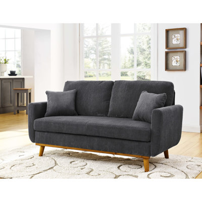 Velours côtelé gris Mid-Century 2 places avec pieds fuselés, accoudoirs évasés, structure en bois massif et coussins décoratifs pour les espaces compacts de style gris, avec appartements