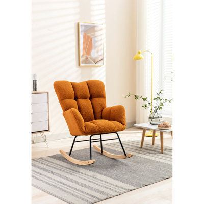 Fauteuil oscillant d'intérieur berçant moderne avec tissu, rembourrage en mousse, structure en bois d'eucalyptus et base en métal noir, convient au salon de la chambre à coucher, capacité de 250 lb, assemblage rapide et facile avec