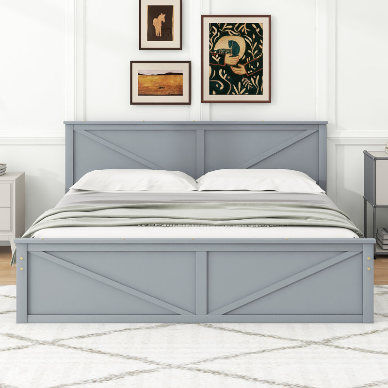 Lit plateforme en bois avec quatre tiroirs de rangement et pieds de soutien, Gris, Très grand lit