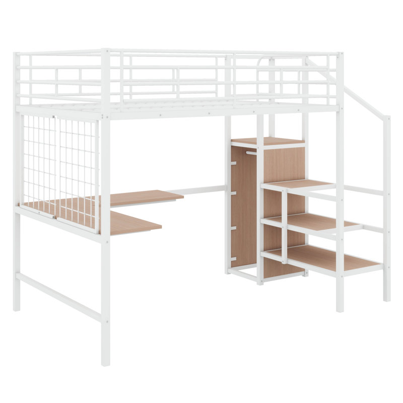 Loft Bed With Desk And Metal Grid, Stylish Metal Frame Bed With Lateral Storage Ladder And Wardrobe, White, Full