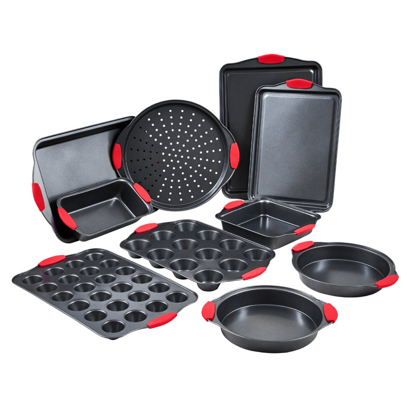 Ensemble de plats de cuisson antiadhésifs en acier au carbone 10 pièces avec poignée en silicone, Noir, noir, noir, noir