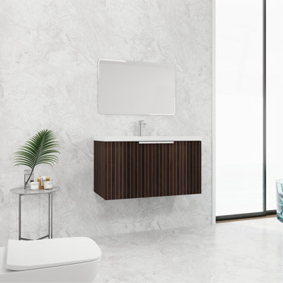 Armoire de salle de bain avec lavabo en résine, portes à fermeture douce, conception à fixation flottante