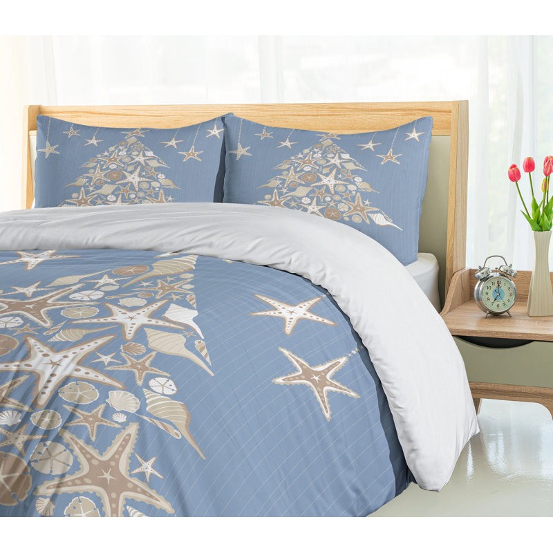 King Size Nautical Christmas Duvet Cover Set in Beige and Blue Microfiber