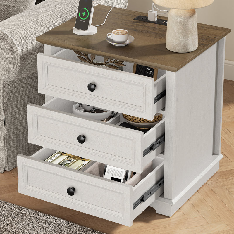 Tables de bout avec 3 tiroirs Beattie avec rangement et prises intégrées, table d'appoint pour salon, chambre à coucher, bureau