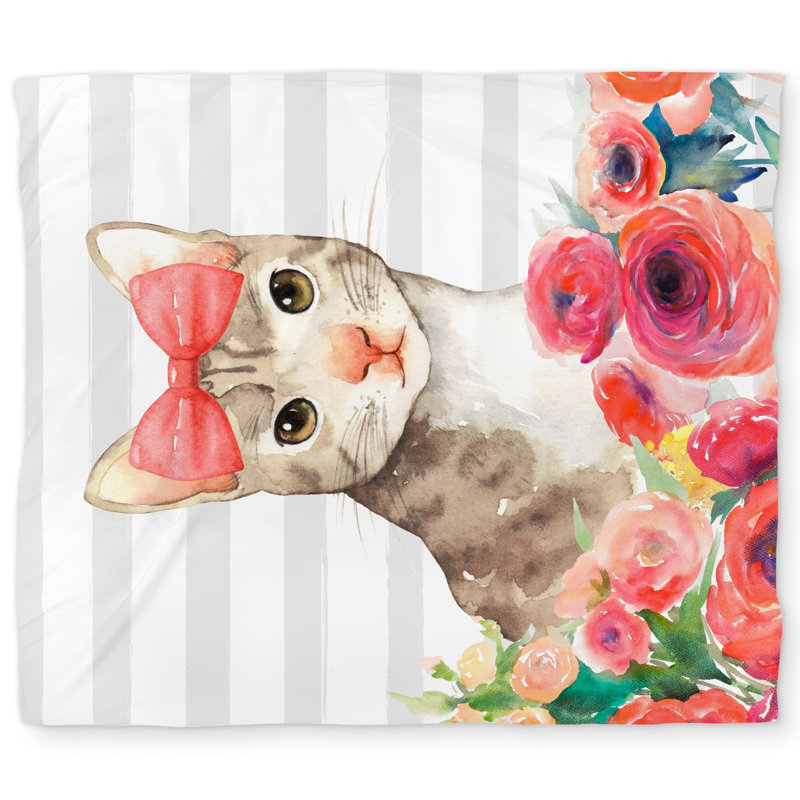 Small Cat with Flowers Duvet Cover | Children's Art Decor
