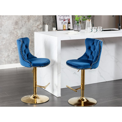 Tabourets de bar en velours bleu, de 2 - siège réglable de 25 à 33 pouces, rembourré moderne avec dossier pour la cuisine à la maison et utilisation de velours de 25 à 33 pouces, confortable et insulaire
