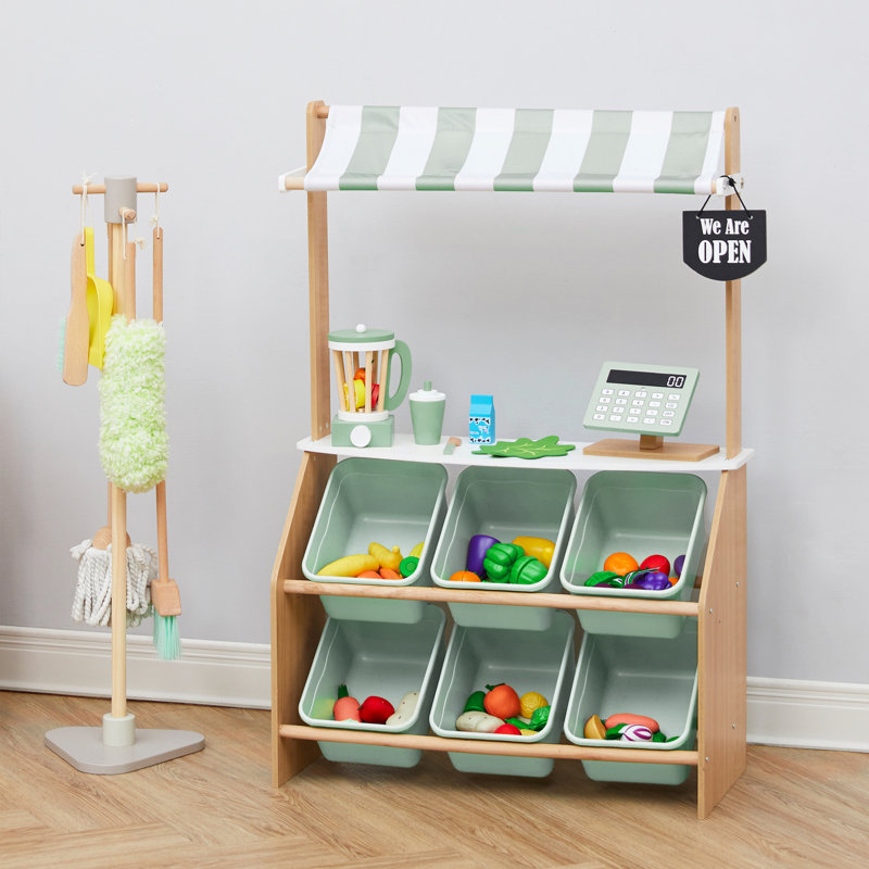 Teamson Kids Little Helper Farmer’s Market Prentend Play Stand with Storage Bins, Awning & Accessories