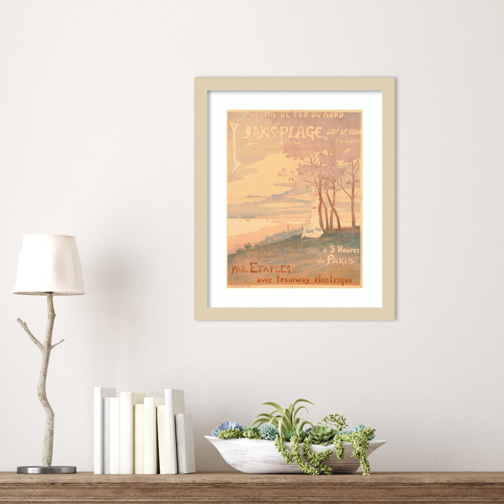 Poster Advertising Trams to Paris Plage by French School (19th century) Wood Framed Wall Art Print, Brown , 17" H x 14" W