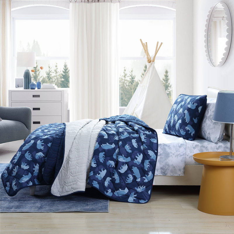Navy Blue Microfiber Twin Kids Reversible Quilt Set
