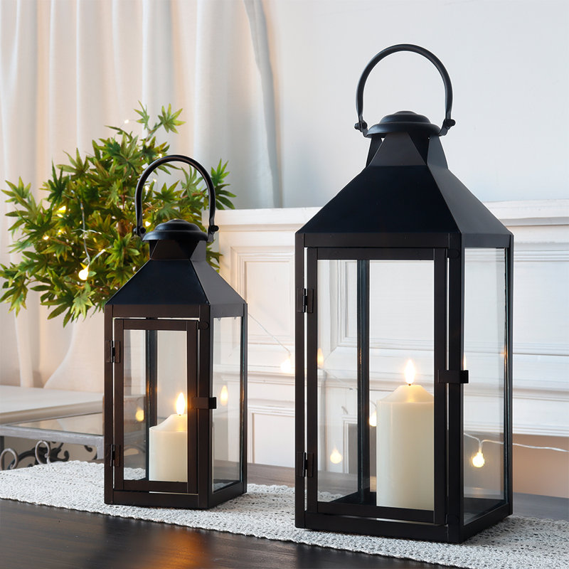 JHY DESIGN Set of 2 Metal Lanterns with Tempered Glass Farmhouse Candle Holders, Black
