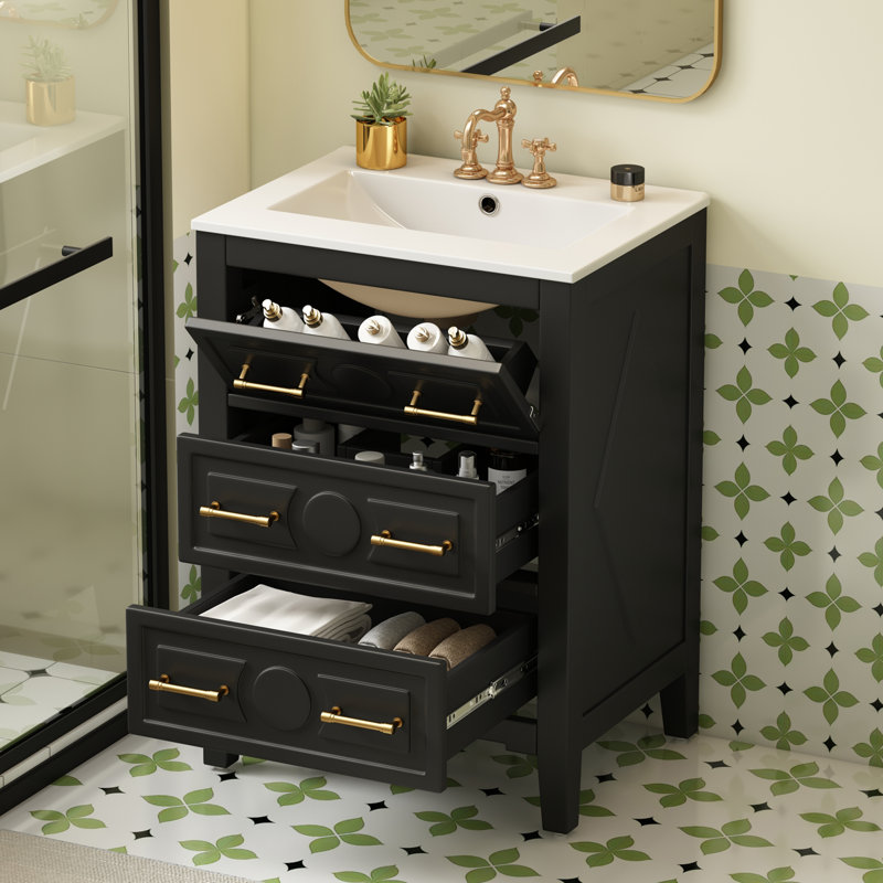 Ensemble de meuble-lavabo rétro 24 po avec lavabo en céramique, armoire en bois massif autoportante et 3 tiroirs de rangement | Idée cadeau