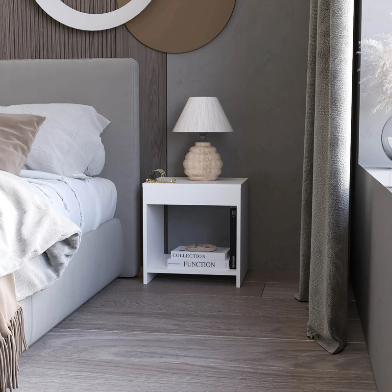 Table de chevet de chambre à coucher avec rangement ouvert en blanc - peu encombrante et fonctionnelle pour le rangement, look moderne