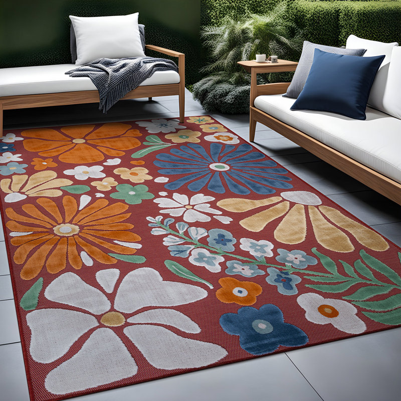 Tapis floral d'intérieur pour l'extérieur, Red, Rectangle 8' x 10'