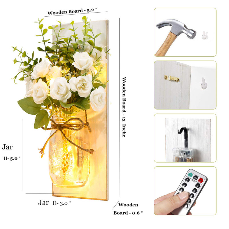 2-Pack Rustic Wall Sconces with Mason Jars, Led Fairy Lights, Remote Control, White
