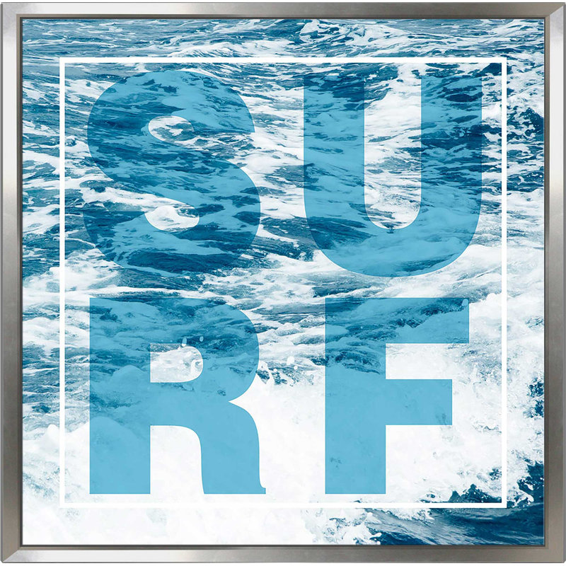 «Surf», art textuel, H 21,5 po x l 21,5 po x P 2 po, Cadre flottant argent