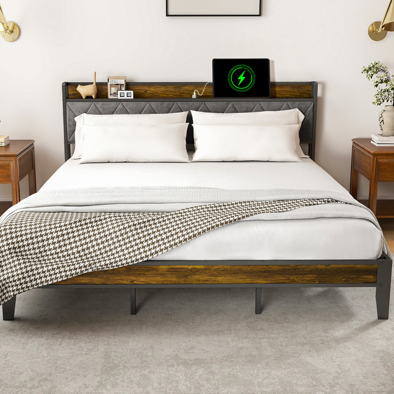 Modern Bed Frame with Charging Station and Upholstered Headboard, King