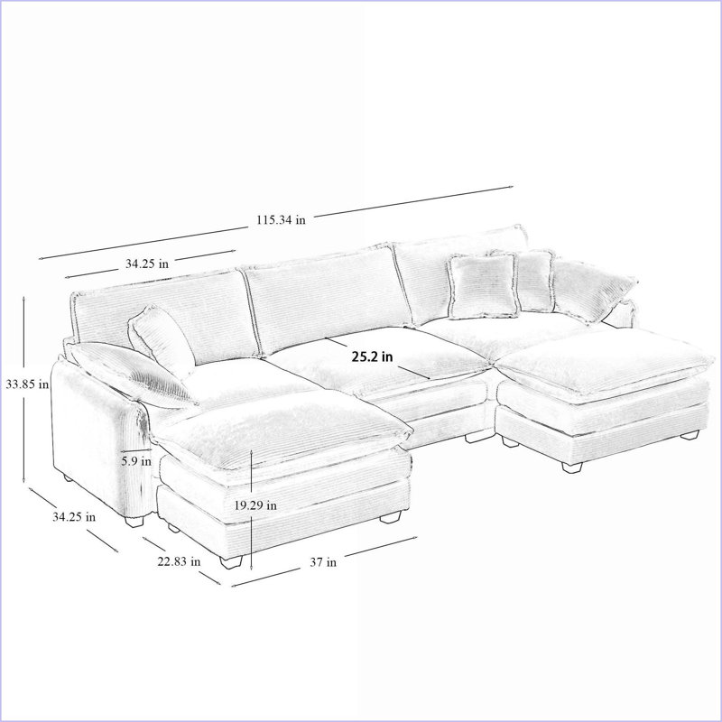 Canapé modulaire en U à 3 places avec 2 repose-pieds Repose-pieds convertible pour salon, cinéma maison | Chameau | Velours côtelé