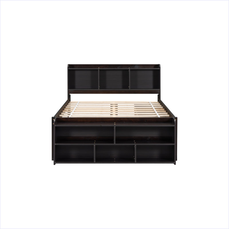 Lit double avec tête de lit bibliothèque, tiroirs de rangement sous le lit et étui de rangement, Espresso