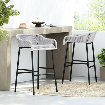 Patio Gray Rope Bar Stool For Poolside And Garden Relaxed Seating Casual Dining Social Gatherings, Breathable Design, Metal Frame, Resistance Fun Contemporary Appearance With Comfort Function,