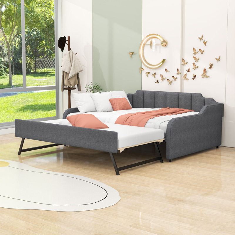 Full-Size Upholstered Daybed with Twin Trundle and USB Charging Armrest