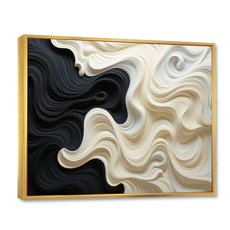 Noir blanc opt art contrastant des vagues - art mural Op Art, Reproduction avec cadre flottant, H 30 po x l 40 po, Doré