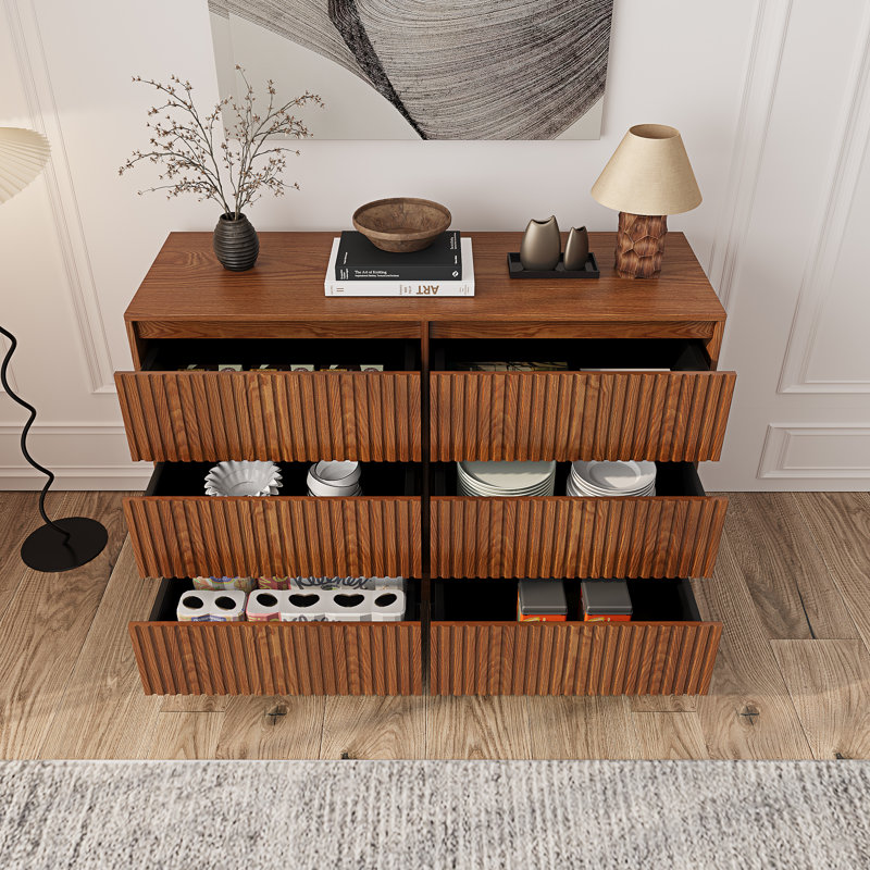 6-Drawer 47.3" W Double Dresser with Walnut Wave-Patterned Fluted Panel