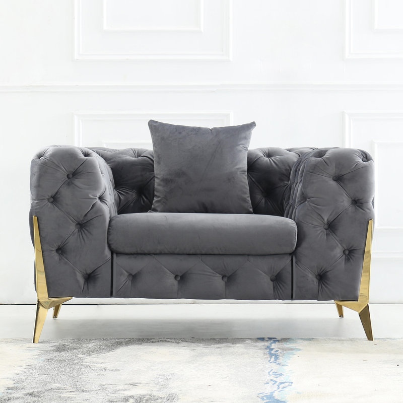 Fauteuil Chesterfield de 44,5 po de largeur, Velours gris velours