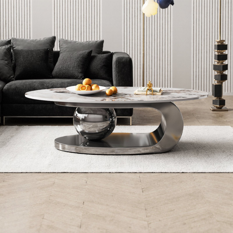 Table basse contemporaine contemporaine avec plateau en pierre frittée et base en acier inoxydable, Gris, blanc