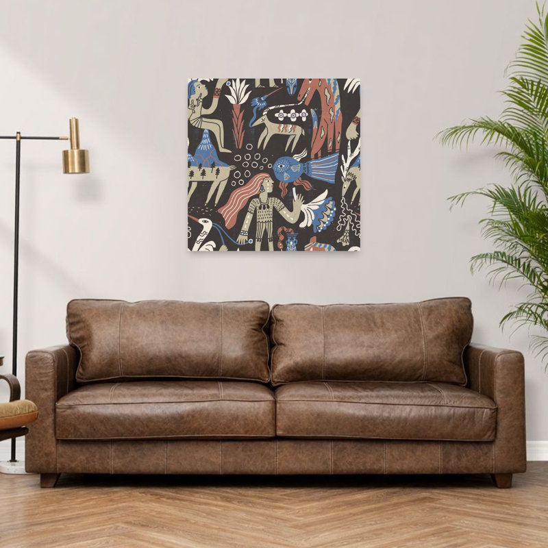 Mystical Folk Art Creatures Mystical Abstract Bird Deer Fish Forest Landscape Wall Art Print 1 Piece Wrapped Canvas Wall Art