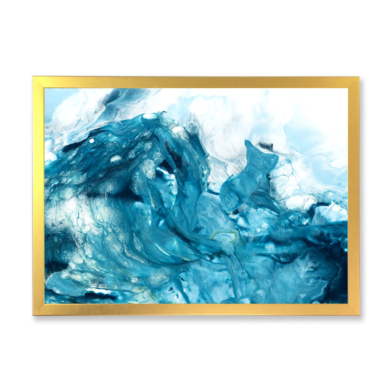 Art turquoise liquide - peinture sur toile, Toile à cadre d'angle fermé doré, H 16 po x l 32 po