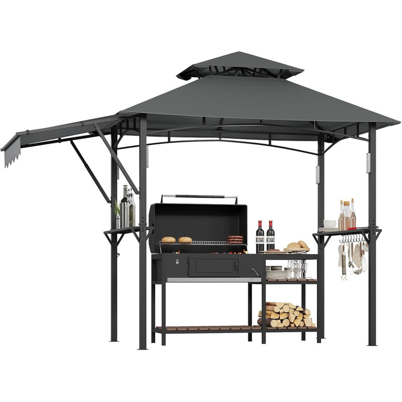 8x5 ft Double-Tier Grill Gazebo with Side Awnings, 4 LED Lights, 2 Shelves, 10 Hooks & Bottle Opener, Heavy Duty Steel Frame for Patio, Backyard, Garden, Deck