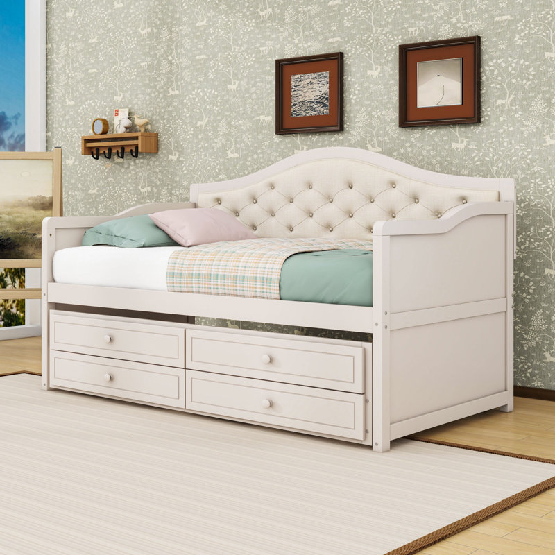 Lit de jour simple avec couchette simple et tiroirs de rangement, Beige