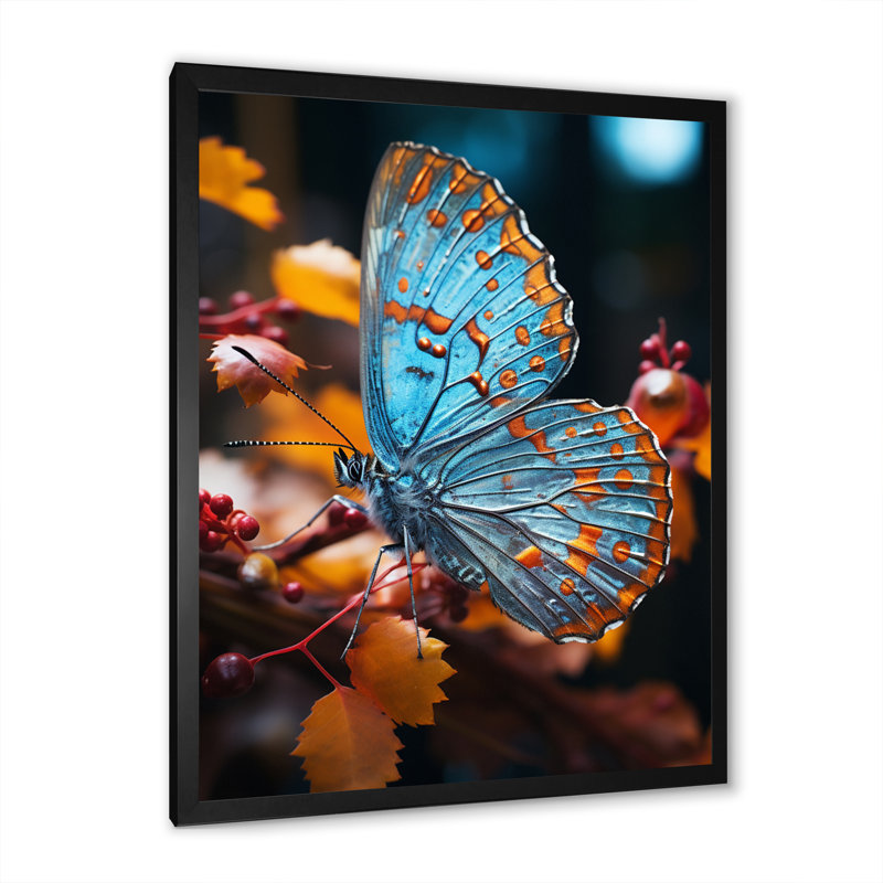 Imprimé papillon turquoise - jaune, H 44 po x l 34 po x P 1,5 po, Cadre photo noir
