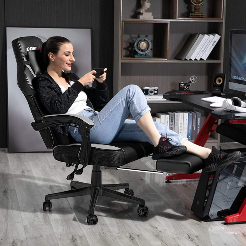 Chaises de jeu BOSIN avec repose-pieds, chaises de jeu d'ordinateur ergonomiques avec support lombaire, Gris/noir